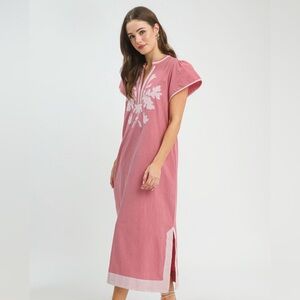 💖 Umgee Embroidered Floral Short Sleeve Midi Dress with Contrast Trim